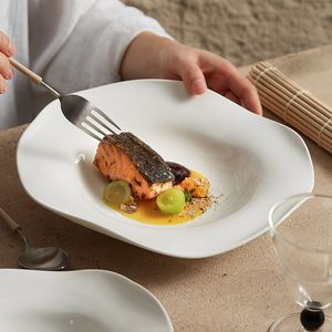 Restaurant White Irregular Square Shape Salad Dishes Nordic Dinner Ceramic Plate Porcelain Deep Plates