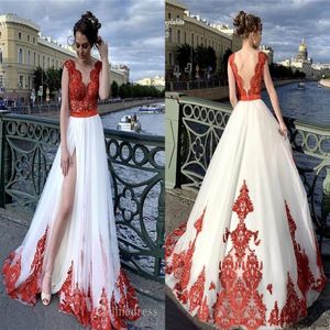 Fashion Red and White High Slit Prom Evening Dresses Formal Gowns 2022 V Backless Lace Applique Tulle Long Ruched Bridesmaid Cockt298o