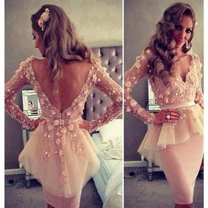 Short Cocktail Dresses Latest Design Mermaid V Neck Formal Gowns W7105 Belt Open Back Long Sleeve Embroidery Knee Length Top318P