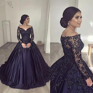 2020 Novos Vestidos De Luxo Puffy Quinceanera Apliques De Renda Azul Marinho Mangas Compridas Vestido De Baile Vestido De Baile Plus Size Formal Parte Da Noite288W