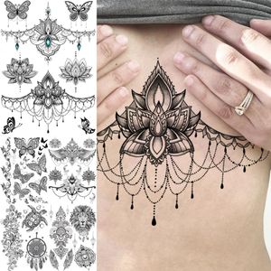 Lotus Henna Mandala pecho tatuajes temporales para mujeres Underboob adulto mariposa tortuga León falso tatuaje Sexy impermeable Tatoos