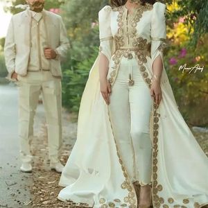 Marockanska kaftan byxor aftonklänningar spetsapplikationer cape lång ärm från axel arabisk prom klänning med pantdräkt cg001292c