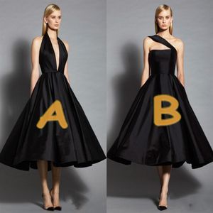 Zwei Stile kleine schwarze Abendkleider 2017 mit tiefem V-Ausschnitt oder One-Shoulder-Satin-Abschlussballkleidern, Teelänge, formelle Party-Cocktail-Kleider208U