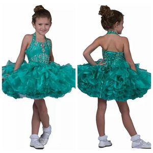 Halter Bling Bling 2019 Little Pageant Cupcake Dresses Toddler Straps Crystal Short Mini Dress Kids Gorgeous Ruffles Tutu Flower G3206