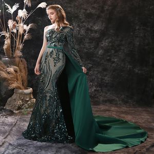 2022 Hunter Green Mermaid Evening Dresses for African Women Long Sexy Side High Split Shiny Beads Long Sleeve Formal Party Illusio228f