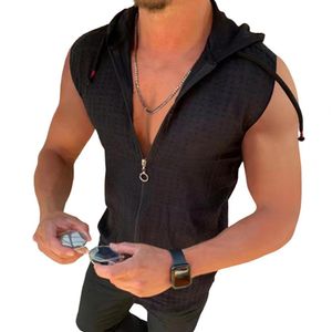 Regatas Masculinas Plus Size Xadrez Costura Chapéu Moletom Colete Masculino Cor Sólida Com Zíper Cordão Musculação Top com Capuz Ginásio 230721