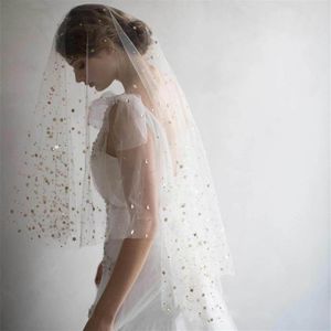 2 lager Cut Edge Wedding Veil för Bridal Gold Star Beads Sparkle Wedding Accessories Velos de Novia240K