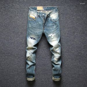 Jeans da uomo Moda Vintage Uomo Alta qualità Retro Blu Dritto Rattoppato Strappato Teschio Ricamo Designer Denim Pantaloni Hombre