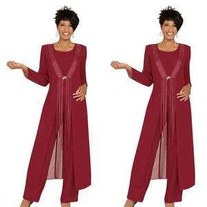 2021 Dreiteilige purpurrote Hosenanzüge für die Brautmutter, Partykleider, bodenlanges formelles Kleidungsstück, Outfit, individuelle Hochzeit, Gues2684