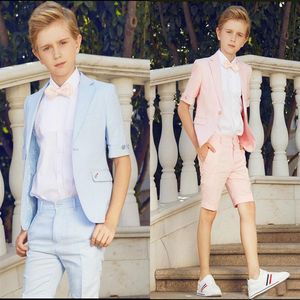 Summer Two Piece Boy Formal Wear Wedding Party Tuxedos Short Sleeve Sky Blue Toddler Kids Boy's Suits Cheap Custom Made Brith341r