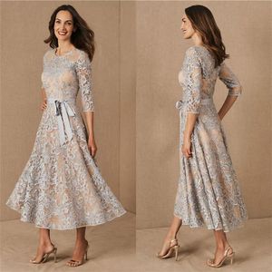 Elegant Lace Mother Of The Bride Dresses Jewel Neck Long Sleeves A Line Wedding Guest Dress Tea Length Groom Mother Evening Gowns243U