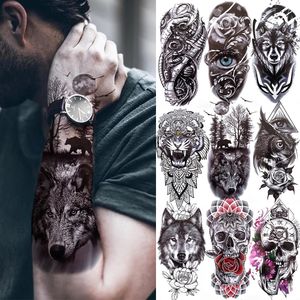 1PC Black Forest Tattoo Sticker per uomo donna Tiger Wolf Death Skull Temporary Fake Henna Skeleton King Animal Tatoo