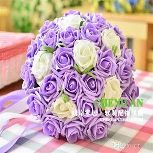 最新の結婚式の花束安い手作り人工紫色のベージュのバラファーストクラスの品質花嫁ブーケ240A