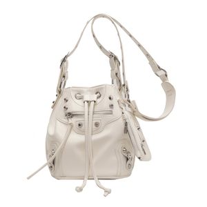Futuristic Fashion Statement: Women's Crossbody Bag with Motorcycle Rivet Style, Drawstring Bucket Bag - A Trendsetter's Must-Have Accessory, 2023 New Arrival White