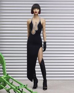 Sıradan Elbiseler 2023 Tasarımcı Siyah Kadın Seksi Kolsuz Köpüklü Elmas Bodycon Yüksek Slit Maxi Elbise Rayon Bandaj Partisi Gece Kulübü Giyim