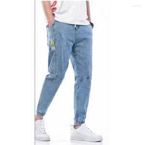 Herr jeans est varor baggy dragstring midja män streetwear elastisk manschett kpop kläder avslappnad bred ben harajuku grå blå