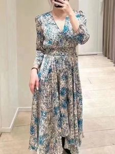 Grundläggande casual klänningar M-AJE V-hals Floral Dress Fit Asymmetric Dip Hem A-Line Midi Dress for Women