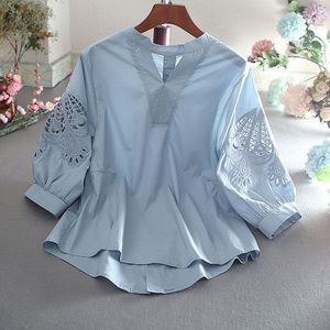 Women's Blouses Summer Pure Cotton Blouse Women Shirt Embroidery Hollow Female Oversize Lantern Sleeve Woman White Blusas Mujer M-3XL