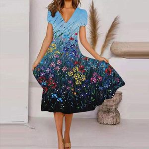 Casual Dresses Comfortable Elegant Large Hemline Women'S Dress Print Loose V Neck Short Sleeve Summer For Women Cotton Linen