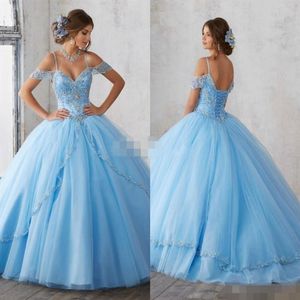 2019 Abito da ballo azzurro cielo abiti da quinceanera maniche ad aletta spaghetti che bordano abiti da ballo principessa di cristallo abiti da festa per Sweet 16 G243w