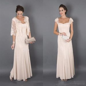 Elegant Mother of the Bride Dresses With Jackets Short Sleeves Lace Chiffon Ankle Length Long Formal Gowns219A