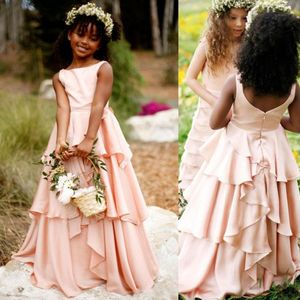 New Cheap Blush Pink Flower Girls Dresses For Wedding Jewel Neck Satin Ruffles Princess Long Zipper Back Children Kids Party Commu254v