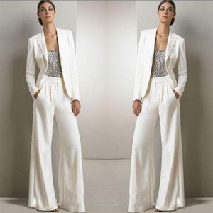 2022 New Bling Sequins Ivory White Pants Suits Mother Of The Bride Dresses Formal Chiffon Tuxedos Women Party Wear Fashion Modest304Q