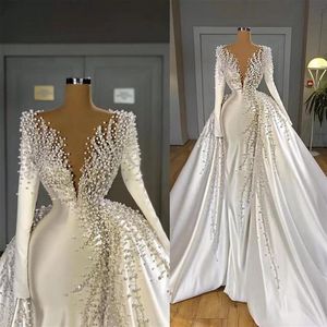 Luksusowe sukienki ślubne Pearls syrena z dordskorodzinami V Długie rękawowe sukienki ślubne Eleganckie sukienki ślubne szatę de Mariee339s