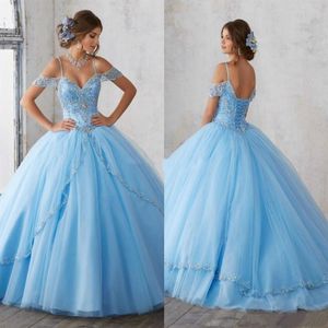 2021 Light Sky Blue Ball Gown Quinceanera Abiti Perline Spaghetti Sweet 16 Dress Lace Up Prom Party Dress Custom Made QC202101218u