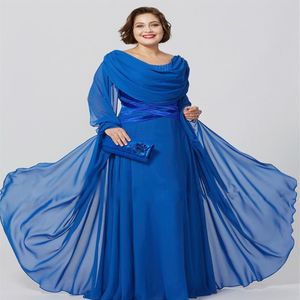 Abiti per la madre della sposa in chiffon blu reale Collo gioiello Manica lunga Taglie forti Abito da sera Lunghezza pavimento Abiti da cerimonia181a