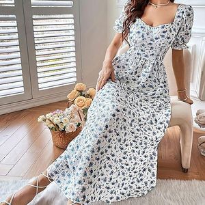 Casual Dresses Allover Floral Boho Ladies Summer Sale Square Neck Puff Sleeve Long Dress Vacation Waist Slim Woman Clothing