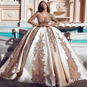 2019 Luxury Dubai Wedding Dresses Gold Sequins Beaded Sheer Neck Bridal Gowns Champagne Satin Ball Gown Wedding Vestidos Custom Ma300O
