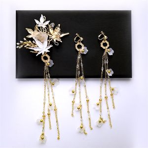 Conjuntos de joias de noiva de ouro vintage feitos à mão Grampos de cabelo de folha de flor com brincos longos de borla para mulheres Acessórios de casamento de praia 3336