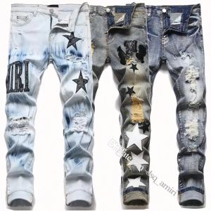 2023 Designer Herren Jeans Hosen Ripped High Street Modemarke Pantalones Vaqueros Para Hombre Motorrad Stickerei Trendy Long Hip Hop mit Hole Blue 42