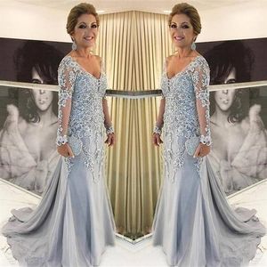 Vestidos de renda graciosa mãe da noiva decote em v mangas compridas apliques de tule tamanho grande até o chão feminino formal noite mãe G317Q