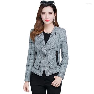 Women's Suits 2023 Fashion Grey Plaid Short Jackets Spring Autumn Lapel Long Sleeves Slim Lady Outerwear Single Button Blazers JH275