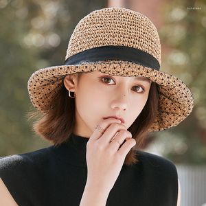 Wide Brim Hats Hepburn Wind Straw Hat Women's Summer Polka Dot Mesh Foldable Beach Sun Outdoor Protection Rolled Fisherman
