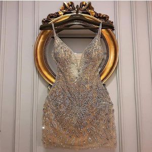 champagne luxurious beaded crystals homecoming dresses sexy sheath graduation dresses stunning short tulle cocktail party gowns266p