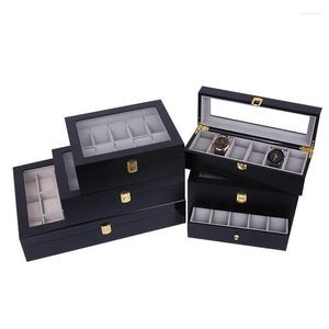 Titta på lådor lyxig träklocka svart låda smycken display fallhållare arrangör för klockor män kvinnor gåvor