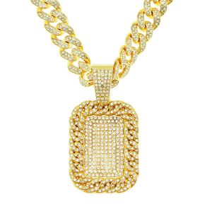 Hip Hop Rapper Men Shiny Diamond Pendant Gold Necklace Iced Out Square Badge Pendant Micro-Inset Full Zircon Jewelry Night Club Punk 50cm Miami Cuban Chain 1554