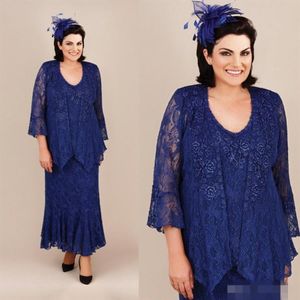 Ann Balon Mother of the Bride Dresses Royal Blue Mermaid Lace Mothers Wedding Gästklänning Ankel längd Plus Size Mors GRO254F