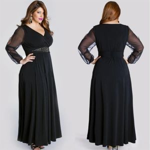 Ballkleider in Übergröße, Schwarz, V-Ausschnitt, lange Ärmel, Abendgarderobe, bodenlanges Chiffon-Partykleid mit Perlenschärpen SD3357293S