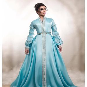 Sky Blue Lase Kościa Arabskie sukienki wieczorowe długie rękawy Satynowe sukienki balowe Eleganckie seksowne imprezowe imprezowe suknie 272g