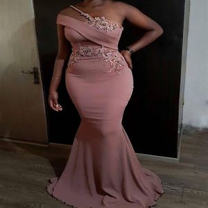 Rose Pink Mermaid Long Bridesmaid Dresses 2022 One-shoulder Lace Beaded African Nigerian Arabic Aso Ebi Junior Maid of Honor Weddi275S