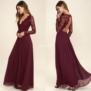 Burgundy Chiffon Bridesmaid Dresses Long Sleeves Western Country Style V-Neck Wedding Party Dresses Backless Long Beach Wedding Gu239t