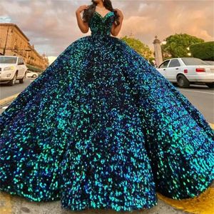 Formal Sequined Evening Quinceanera Dresses Lace Up Fluffy Party Women Ball Gown Prom Dress Long Gala Custom Made Gala De Soiree 22333