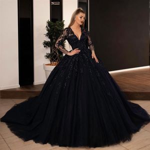 Gorgeous Black Lace Ball Gown Wedding Dresses Sheer Plunging Neck Beaded Bridal Gowns With Long Sleeves Plus Size Tulle Vestidos D263M