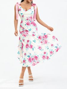 Vestidos Casuais Wsevypo Suspensório Amarrado Estampado Flor Vestido Balanço Verão Elegante Feminino Sem Manga Decote em V Alargado Linha A Longo Para Festa