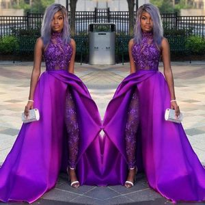 Purple Lace Stain Evening Jumpsuit med tåg 2023 High Neck African Plus Size Classic Eccashion Prom Pant Suit Dress Wear3226