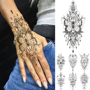 Vattentät tillfällig tatuering klistermärke Butterfly Lotus Lace Henna Flower Flash Tatto Women Män handmålade kroppskonst falska tatueringar